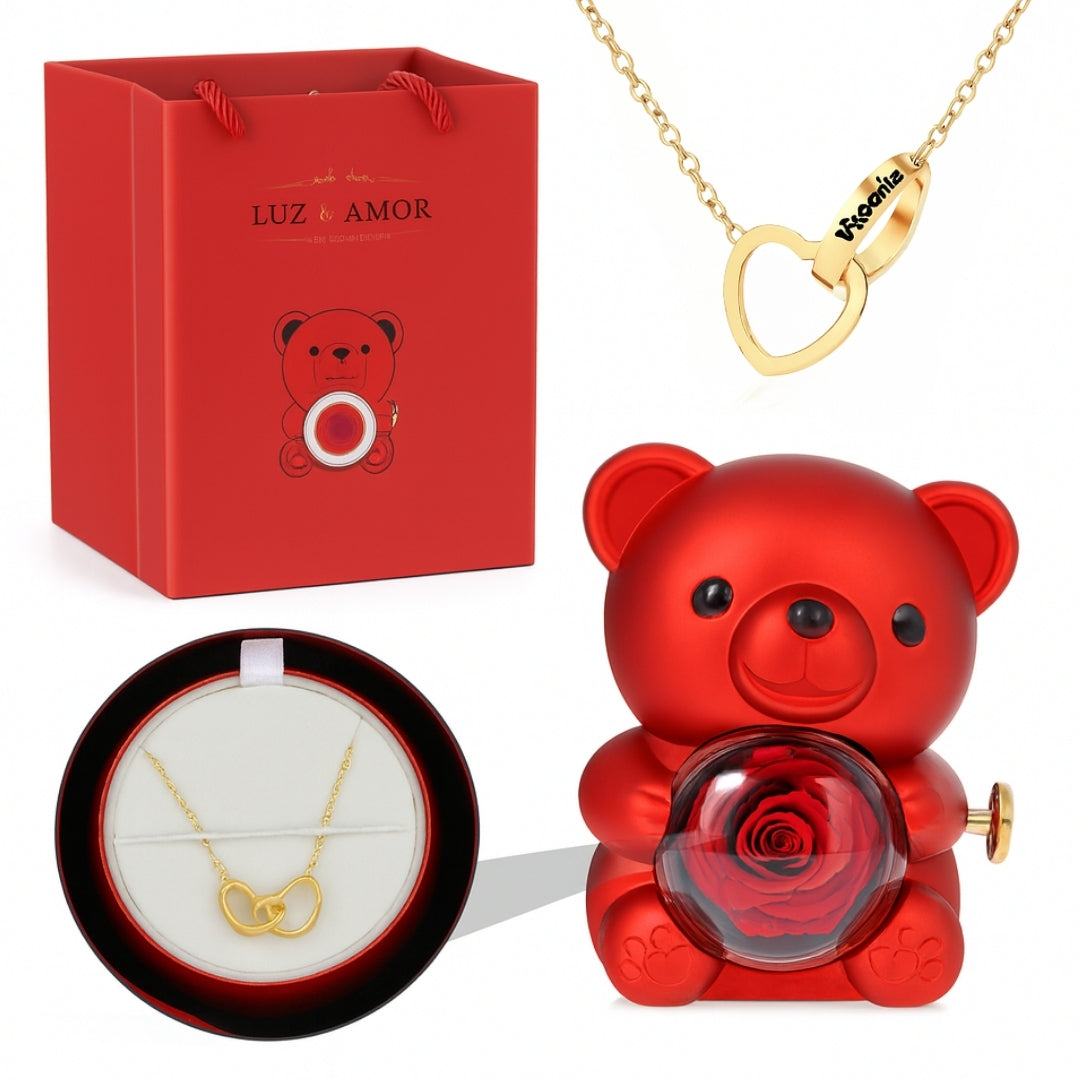 Colar com Nome Personalizado + Urso com Rosa Eternizada : ESPECIAL ANO NOVO